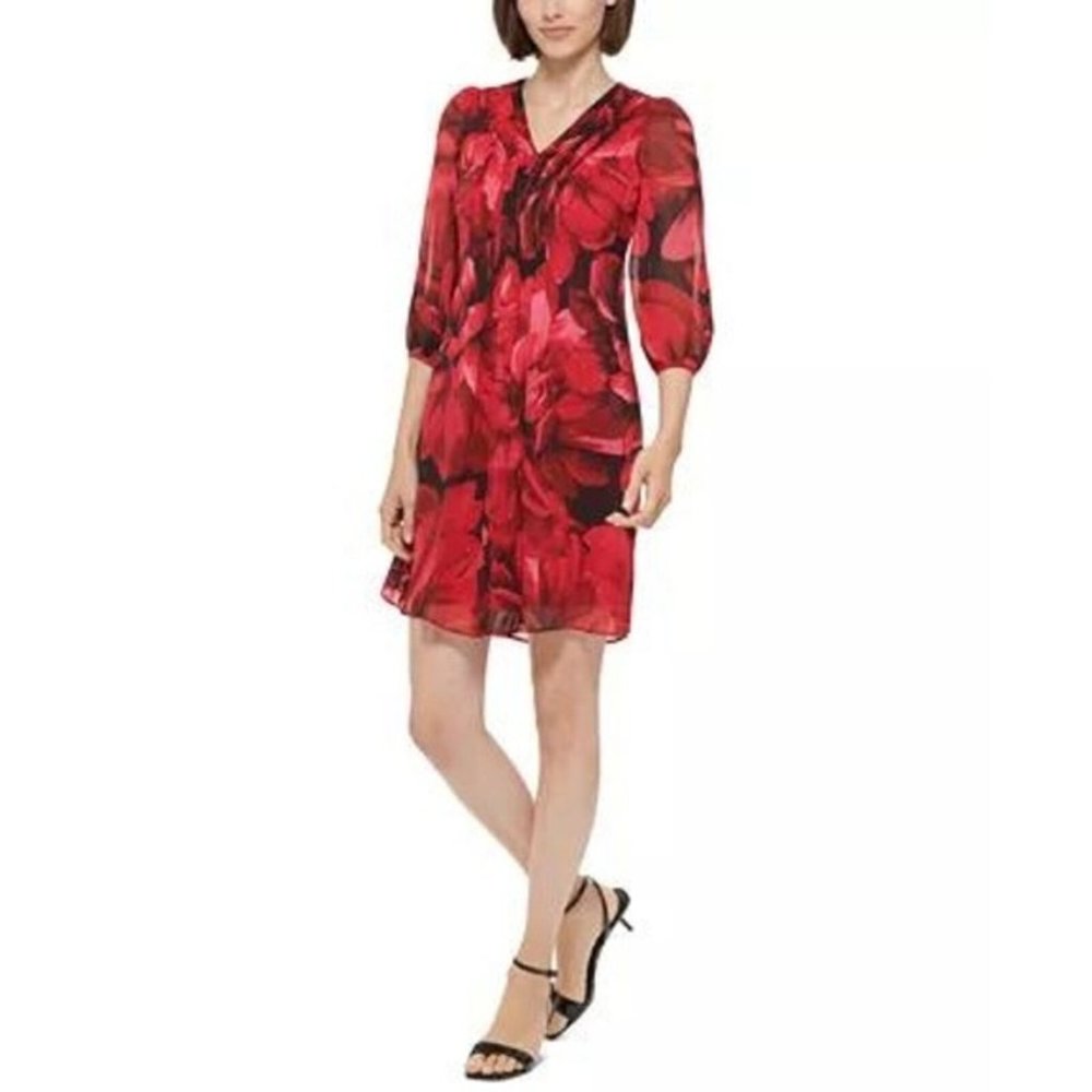 Calvin Klein Chiffon Career Shift Dress Red Black Floral Ladies Plus SZ 18W NWT